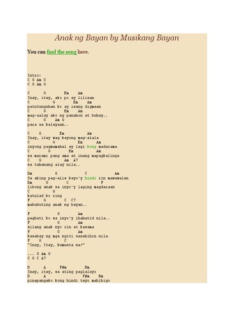 Chord and lyrics of anak ng bayan by musikang bayan